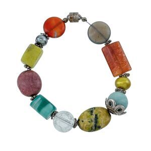 Artisan Silver Tone Multi Gem Magnetic Clasp Bracelet 7.25"